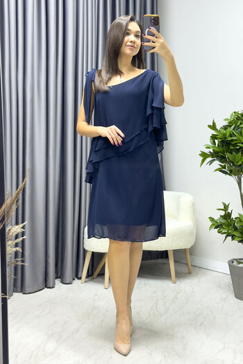 thezkscom WOMEN'S NAVY BLUE ONE SHOULDER TIE CHIFFON LARGE SIZE DRESS