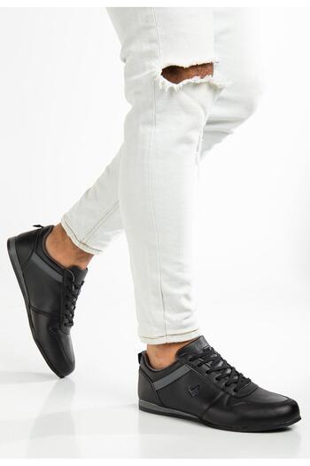Dilimler Ayakkabı Men's Sneakers Black Leather Laced Thin Sole