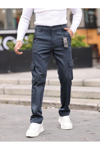 WKM Men's Baggy Fit Casual Jeans Non-Denim Cargo Pocket Trousers
