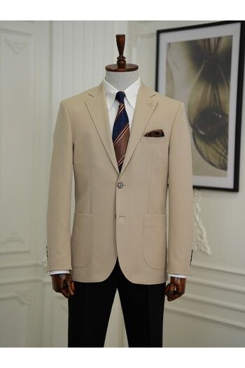 LONATOLİA Men's Premium Italian Style Slim Fit Beige Jacket - Punto Stitching, Bag Pocket, Half Lined