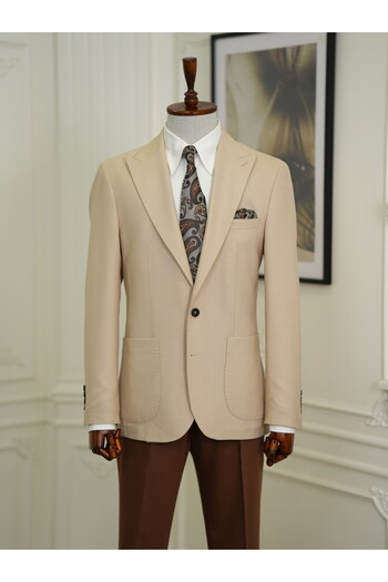 LONATOLİA Men's Slim Fit Italian Style Beige Jacket - Mono Collar, Bag Pocket, Punto Stitching, Unlined