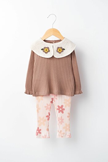 Banamio Laurette Baby Girl Floral Print Knitted Collar Textured Double Set
