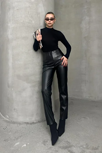 Olcay Black Leather Look Double Collar Trousers 7568