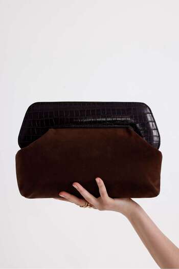 HEYBE'S Heybes Women's Bitter Brown Croco Pattern Leather Detailed Suede Clutch Hand Bag