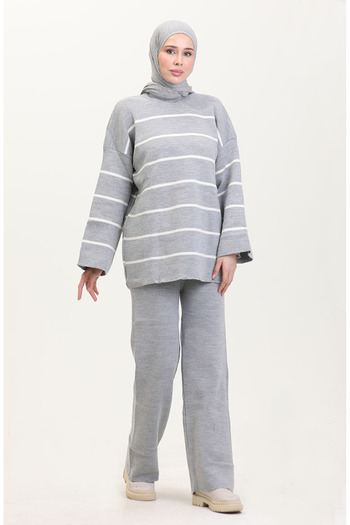 sefamerve Gray Striped Knitwear Set - 3083-05