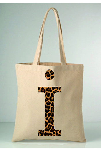 GİFTORA Leopard Print Letter I Printed Raw Cloth 35X40 Ecru Shoulder Bag