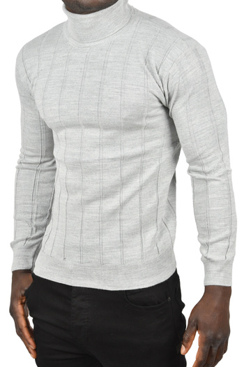 DeepSEA Men's Gray Slim Fit Lycra Full Turtleneck Striped High Top Sweater 2505504