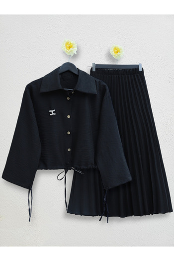 Modamorfo Double Suit with Pleated Skirt, Sleeves and Lace-Up Waist - Black