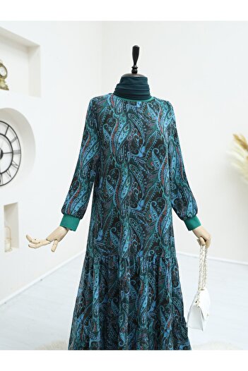Modamorfo Green Chiffon Dress - Ethnic Pattern, Piece Skirt
