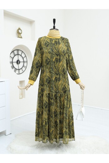 Modamorfo Lining Chiffon Dress with Ethnic Pattern Skirt -Green