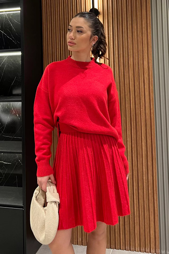 GÜLSELİ Red Style Knitwear Skirt Sweater Double Set