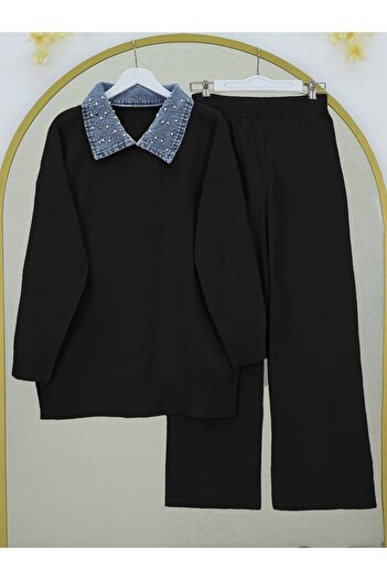 Modamorfo Denim Shirt Collar Knitwear Set - Black