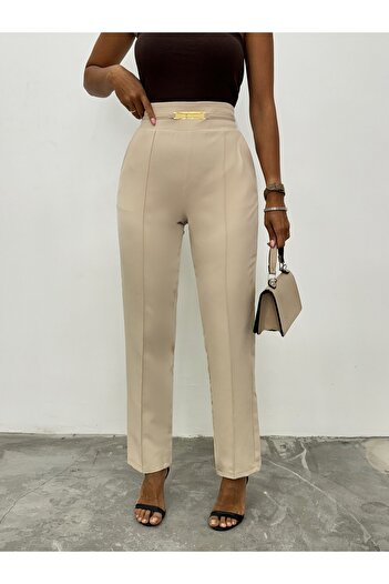 Modamorfo Beige Trousers with Metal Detail and Pockets - Elastic Waist
