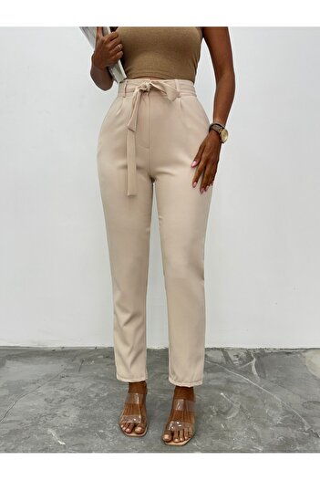 Modamorfo Beige Belted Ankle Trousers