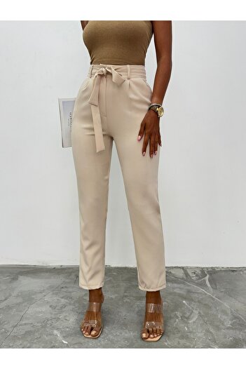Modamorfo Beige Belted Ankle Trousers