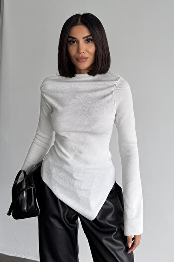Bipantolon Women's White Draped Boat Neck Asymmetrical Lycra Knitted Blouse