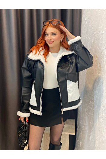 Cocona Women's Black Faux Leather Coat with Fur Collar and Belt Detail