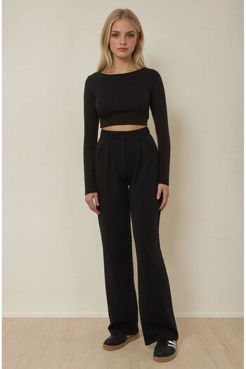 Hiccup High Waist Pleated Wide Leg Pants with Velcro Closure