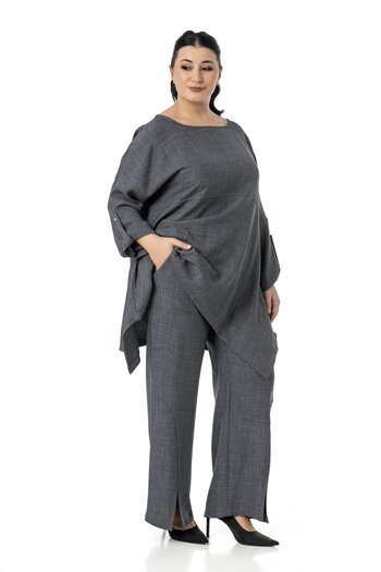 DISENTIS MODEST Plus Size Loose Cut Μπλούζα Παντελόνι Γκρι Κοστούμι δύο τεμαχίων