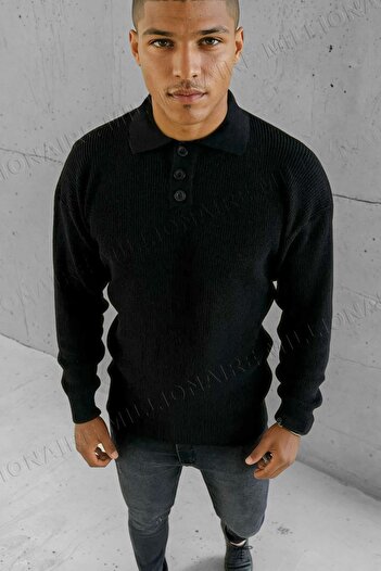 Millionaire Men's Black Polo Neck Placket Buttoned Collar Winter Knitwear Sweater