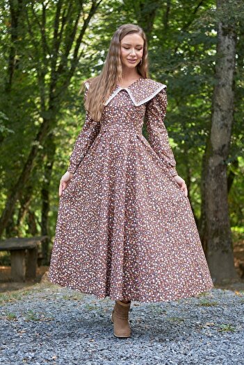 KÜÇÜĞÜM BUTİK Vintage Big Neckline Brown Floral Long Sleeve Flared Dress