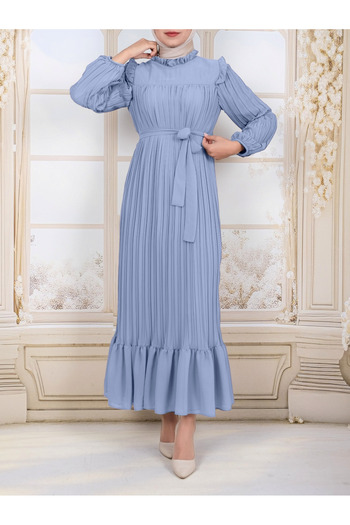 Modamorfo Dress with Robe on the Front, Pleated Sleeves and Size - Light Blue