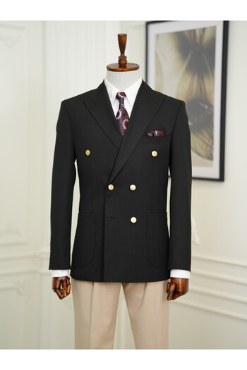 LONATOLİA Men's Italian Style Slim Fit Bag Pocket Half Lined Double Breasted Jacket - Black