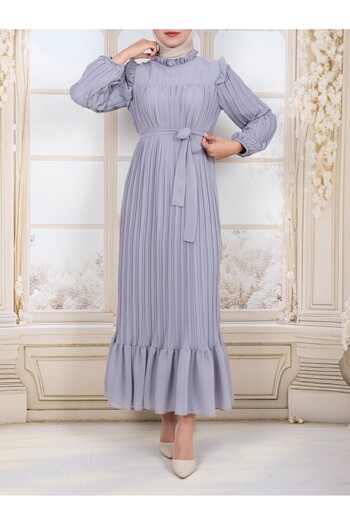 Modamorfo Dress with Robe on the Front, Pleated Sleeves and Size - Gray