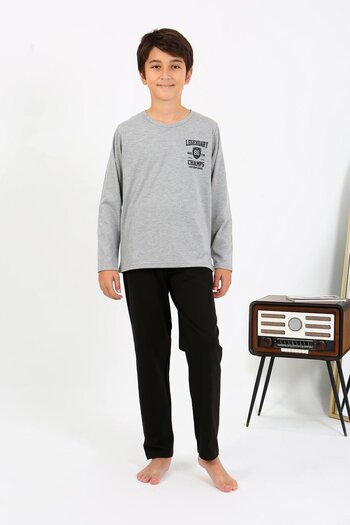 Akbeniz Boy's Long Sleeve Combed Cotton Pajama Suit 20437 Gray