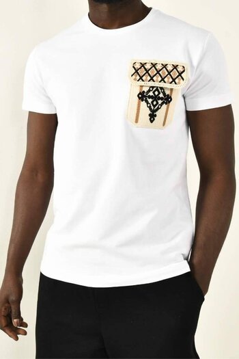 DAVID&GERENZO Λευκό πλεκτό μπλουζάκι Crew Neck - Λεπτομέρεια τσέπης