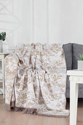 Bikaya Home Aksu Cosmic Beige Single Cotton Patterned Blanket - Double Sided
