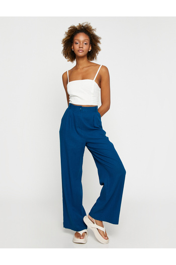 Koton Linen Blended Pleated Palazzo Trousers - Buttoned Design