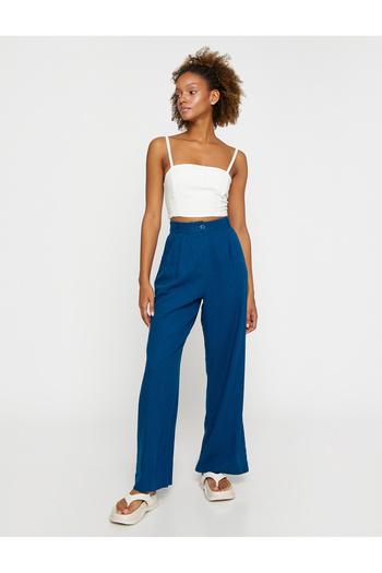 Koton Linen Blended Pleated Palazzo Trousers - Buttoned Design