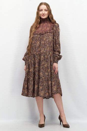 French Connection Women Long Sleeve Allover Print Midi Dress, Brown