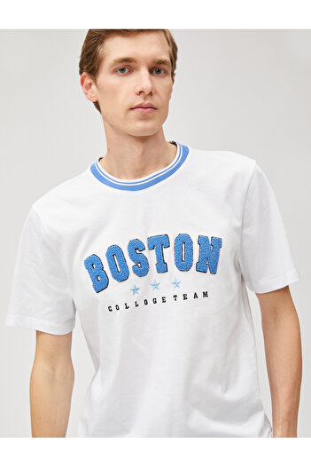 Koton College T-Shirt Crew Neck Piping Κεντημένο απλικέ Λεπτομερές κοντό μανίκι