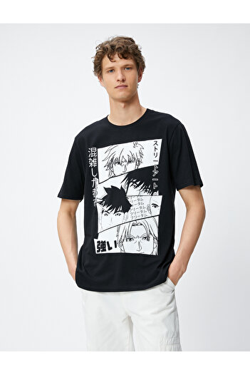 Koton Anime póló, nyomott környakú pamut rövid ujjú