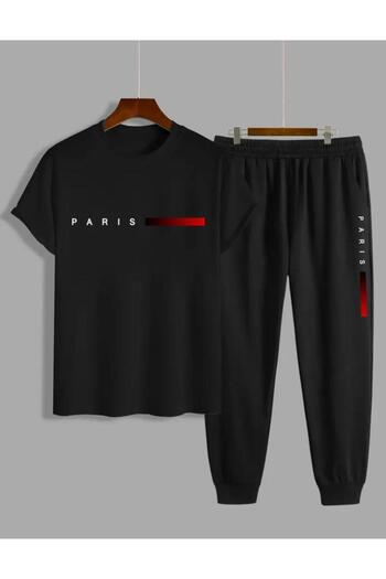 NO 601 Men's Black Red Paris Printed Oversize Tshirt Black Sweatpants Set