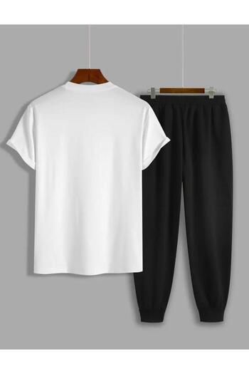 CAST COLLECTİON Men's White Paris Printed Tracksuit Tshirt Set