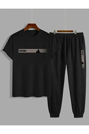 NO 601 Men's Black Future Printed T-Shirt Black Tracksuit Bottom Top Set