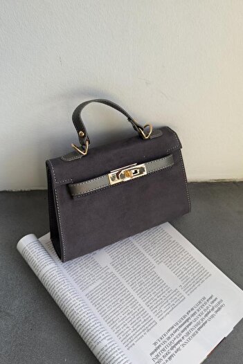 Assia Atelier Gray Women's Suede Textured Hand and Shoulder Bag with Metal Buckle