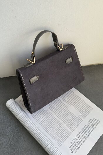 Assia Atelier Gray Women's Suede Textured Hand and Shoulder Bag with Metal Buckle