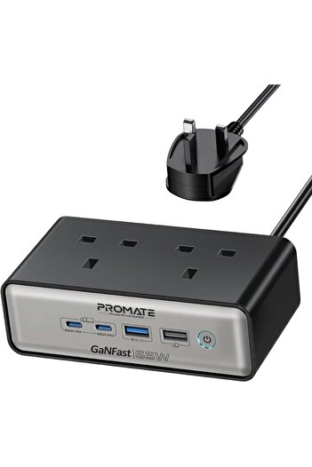 Promate Charging Station, 6-in-1 Multi-Port 65W GaNFast Power Extension with Dual 3250W AC Sockets,
