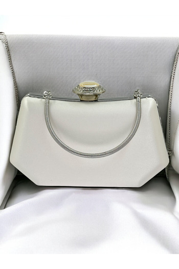 Biçanta Pearl Ecru Color Silver Crystal Stone Elegant Design Metal Handle Evening Dress Bag