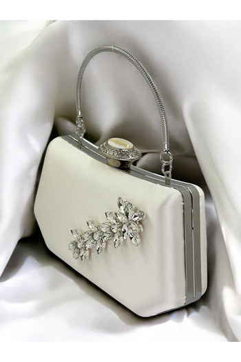Biçanta Pearl Ecru Color Silver Crystal Stone Elegant Design Metal Handle Evening Dress Bag
