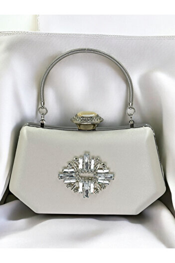 Biçanta Pearl Ecru Color Silver Crystal Stone Elegant Design Metal Handle Evening Dress Bag