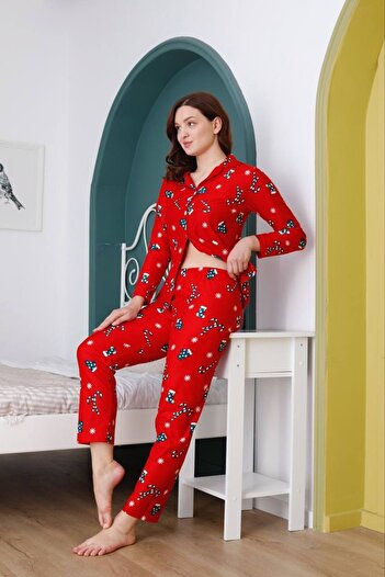Prestij İç Giyim New Year's Print Cotton Suede Pajamas Set - Shirt Neck, Long Sleeve