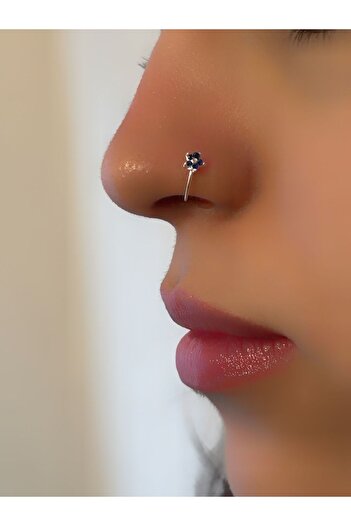 axexuar Gümüş Hızma Deliksiz Burunlara Lacivert Zirkon Taşlı Geçmeli Sıkıştırmalı Hızma Piercing