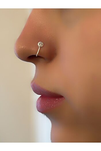 axexuar Gümüş Hızma Deliksiz Burunlara Zirkon Taşlı Geçmeli Sıkıştırmalı Hızma Piercing