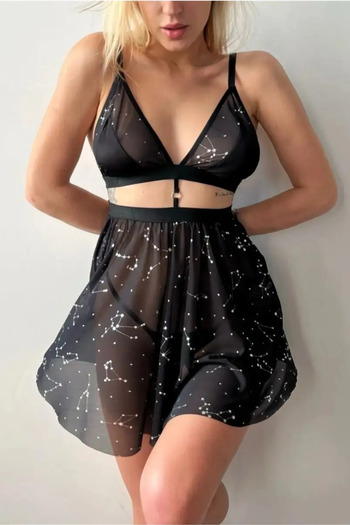 Bernato Star Patterned Transparent Black Stylish Fancy Nightgown