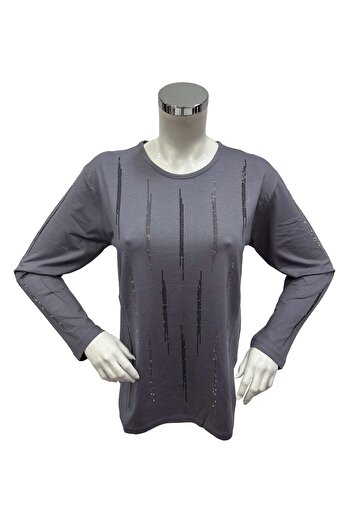 Ravencia Women's Middle-Aged and Above Viscose Fabric Plain Striped Stone Embroidered Gray Mother Combed Blouse
